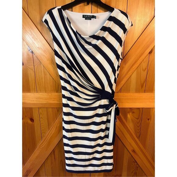 Lauren Ralph Lauren dress 14 navy/white striped side ruching tie stretch fit (38 - Picture 1 of 7